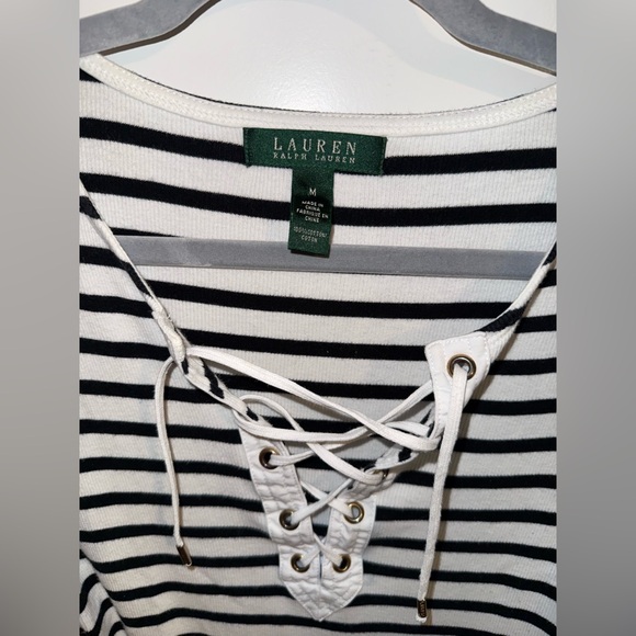 Lauren Ralph Lauren Black and White Lace-Up Tee - Picture 2 of 4